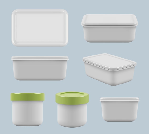 Vector plastic boxes. caring food in containers square empty storage utensil for kitchen vector realistic templates. collection container plastic, box for packaging illustration