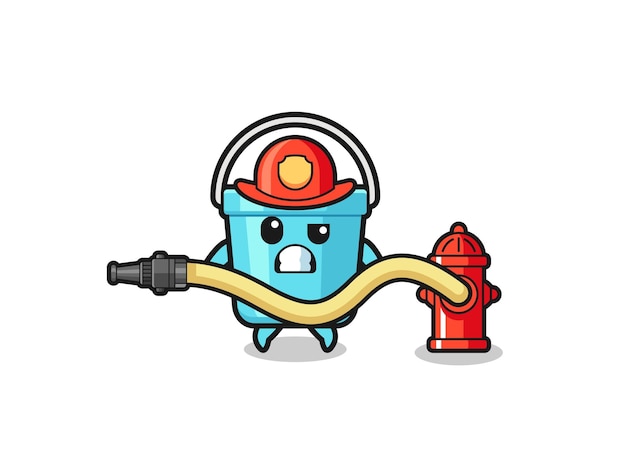 Vector plastic bucket cartoon as firefighter mascot with water hosexa