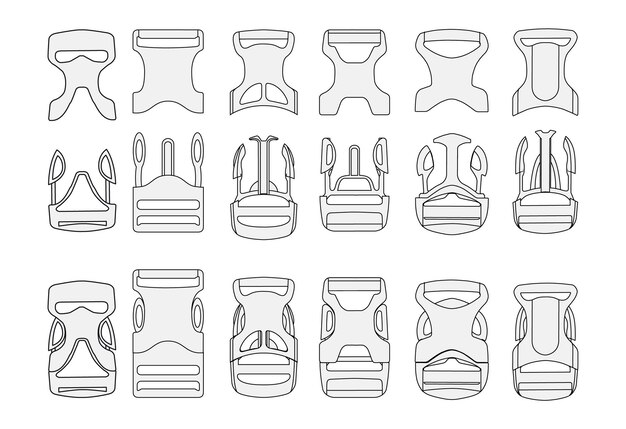 Vector plastic buckles and quick release clips fashion technical illustration design template