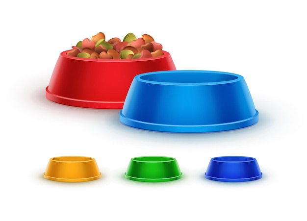 Vector plastic colored bowls for pet feeding with pet food and empty ones 3d illustrations