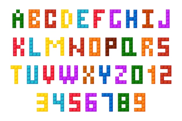 プラスチック製のブロック フォント アルファベット文字と数字 ベクトルイラスト