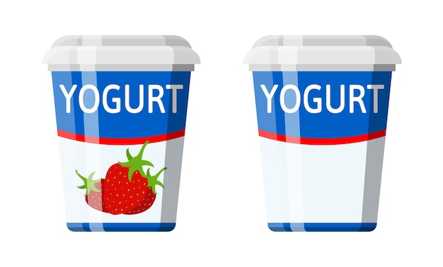 Vector plastic container with yogurt. strawberry yogurt dessert. food plastic glass. milk product. organic healthy product.