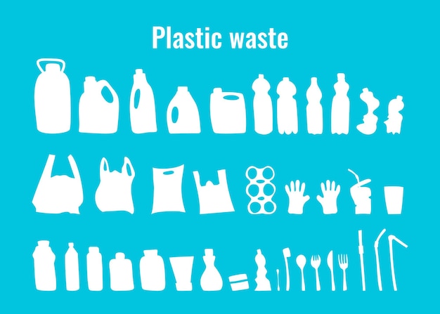 Пластиковые контейнеры и одноразовая посуда задают векторные иллюстрации. символы проблемы пластиковых отходов