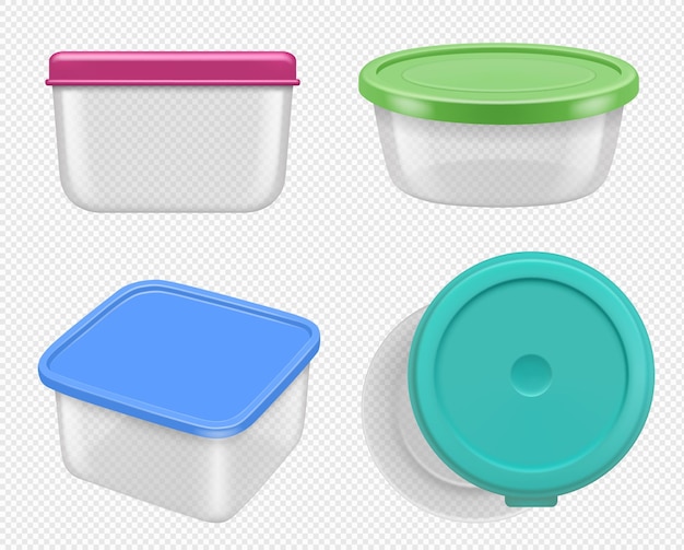 Vettore contenitori in plastica scatole per alimenti varie visualizzazioni contenitori raccolta modelli realistici vettoriali decenti