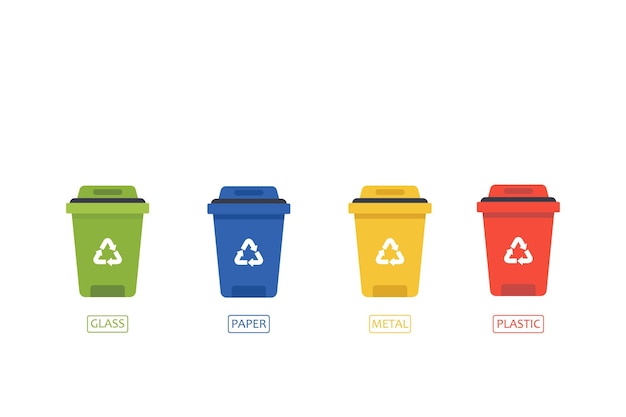 다양한 유형의 폐기물을 담는 플라스틱 용기 폐기물 관리 개념 분리