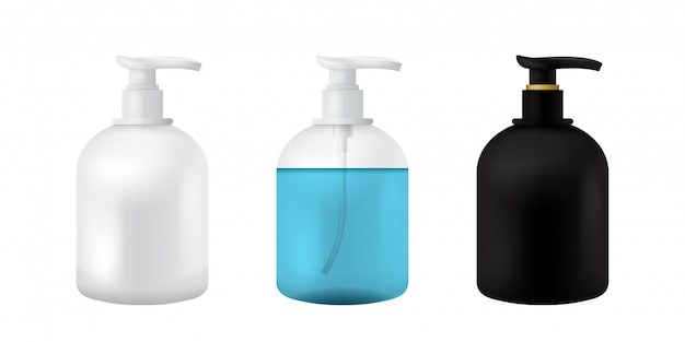 Vettore bottiglia di plastica per cosmetici. mockup isolato nero, bianco e trasparente per zuppa, shampoo, gel, spray, lozione per il corpo, shampoo. modello di contenitore realistico 3d. set di mockup trasparente per imballaggio medico.