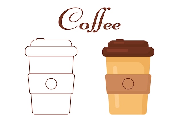 Plastic cup with hot coffee - children's coloring book. Educational guide for children. Vector