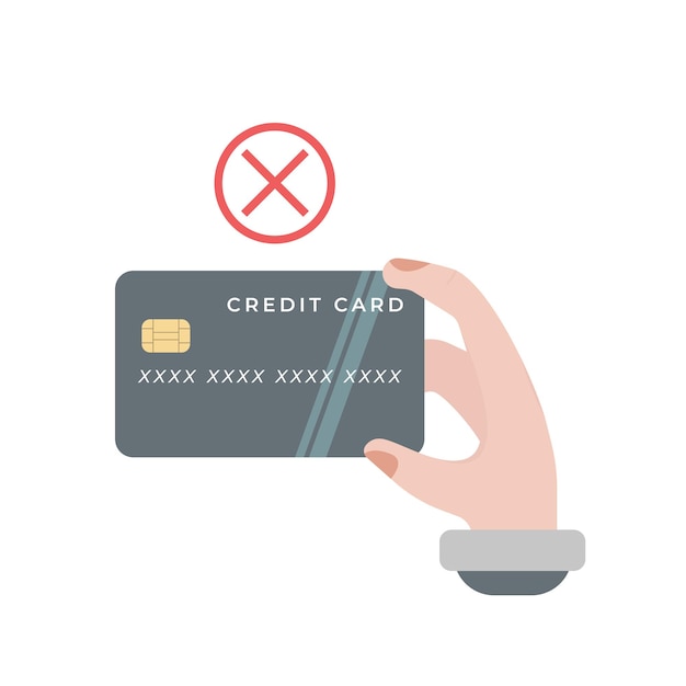 Vector plastic debit credit card with a payment rejected icon. bank card.