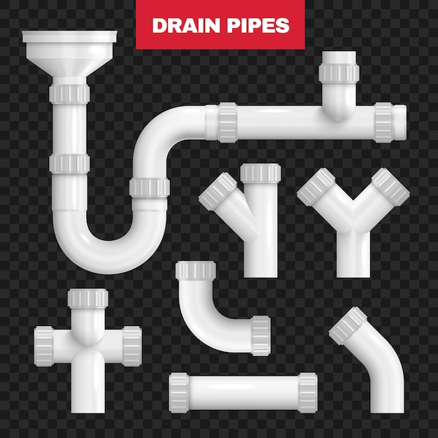 Vector plastic drain pipes transparent set of fittings for connection branching turns transitions isolated vector illustration