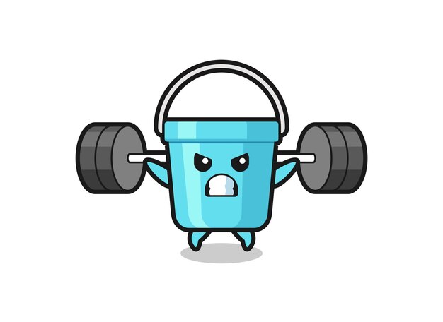 Plastic emmer mascotte cartoon met een barbell, schattig stijlontwerp voor t-shirt, sticker, logo-element