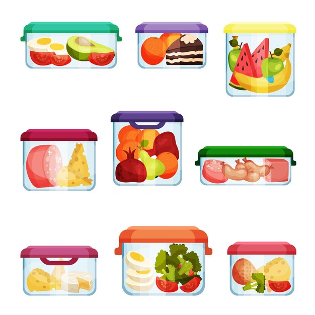 Plastic- en glazen containers met verschillende voedingsmiddelen opgeslagen in vector set fresh nutrition portion for takeaway concept