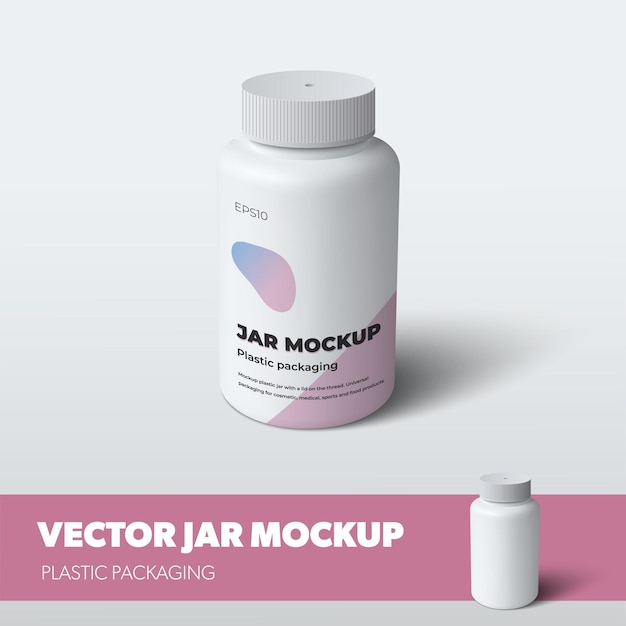 Plastic flesmodel met dop, vooraanzicht, ontwerppresentatie met roze illustratie en realistische schaduwen. Crème of pillenpot vector sjabloon. Doos voor medische tabletten of supplementen