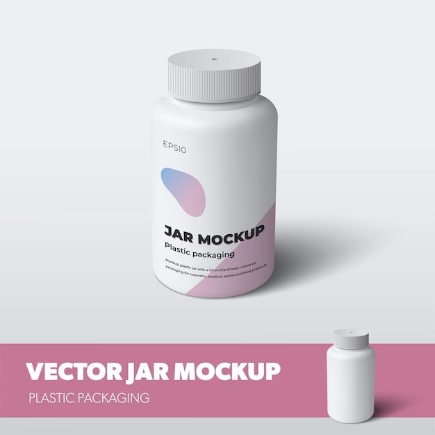 Plastic flesmodel met dop, vooraanzicht, ontwerppresentatie met roze illustratie en realistische schaduwen. crème of pillenpot vector sjabloon. doos voor medische tabletten of supplementen