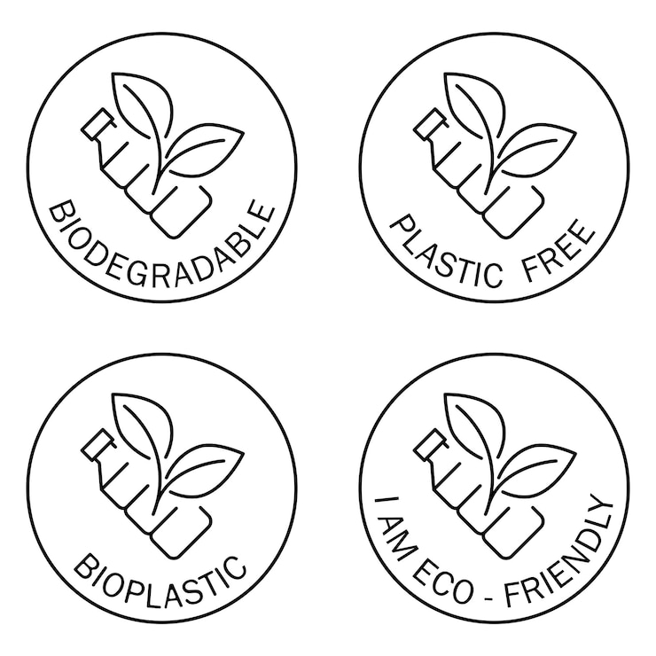 Vector plastic free icons. biodegradable. round symbol with bottle and leaves inside. recycling plastic bottle. eco friendly compostable material production. zero waste, nature protection concept