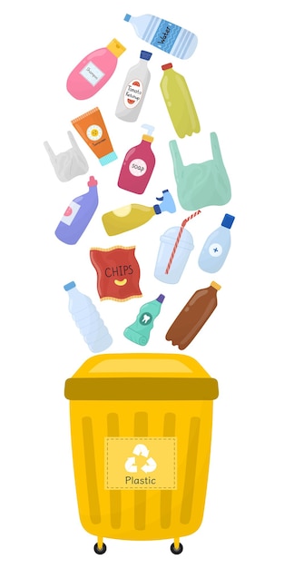 Plastic garbage and a yellow trash can with bottles and packages. Separating and recycling concept