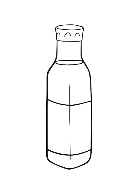 라벨이 있는 캡이 있는 플라스틱 또는 유리 병 및 액체 레모네이드 주스 물 음료 낙서 라인 만화 색칠