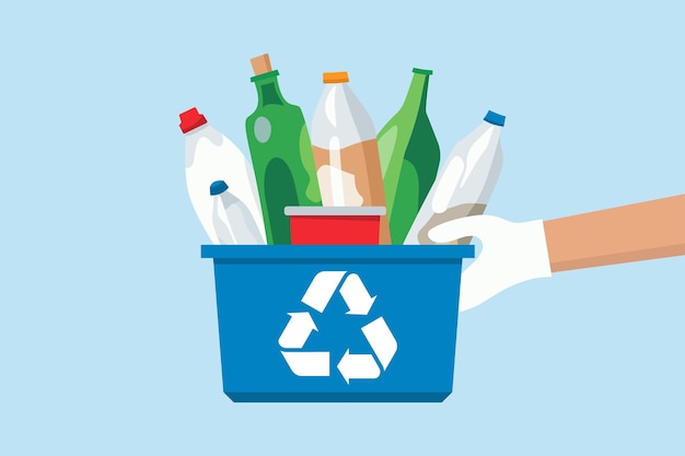 plastic and glass bottles in blue container in holding hand recycle symbol garbage trash waste