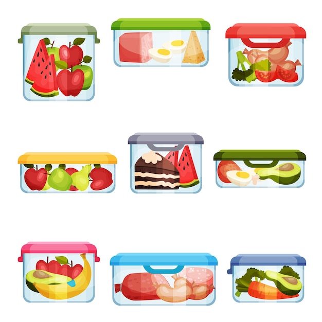 Vector plastic and glass containers with different food stored inside vector set fresh nutrition portion for takeaway concept