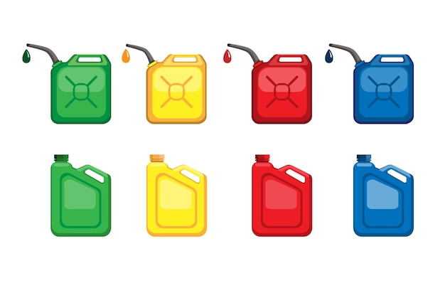 Vector plastic jerrycan en olie product verpakking symbool pictogram set illustratie vector