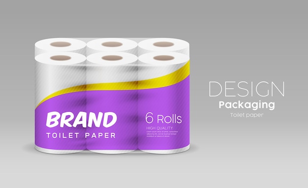 Vector plastic long roll toilet paper one package six roll purple and yellow design on gray background