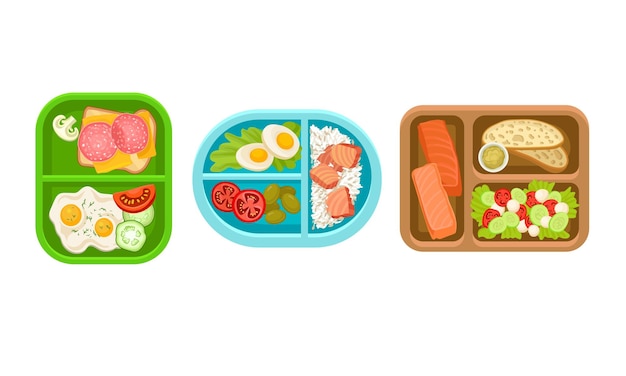 Plastic lunchboxen of bakken met voedsel in verschillende secties