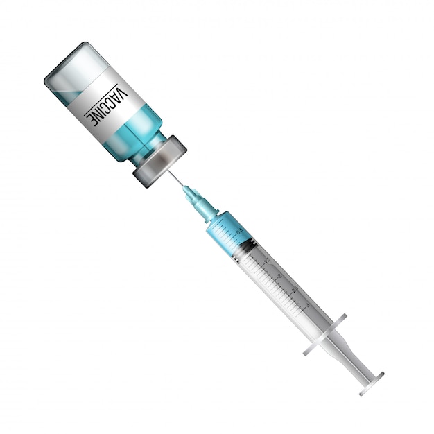 Plastic medische spuit met naald, druppel en flacon serum tegen covid-19. injectie, vaccin en wegwerpspuit. steriel flesje. glazen injectieflacon voor medische ampullen. concept van vaccinatie.