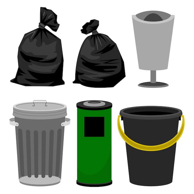 Plastic and metallic bins and black plastic bags for garbage