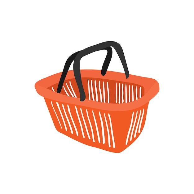 Cesto di plastica arancione supermercato e contenitore del negozio oggetto di trasporto del prodotto dell'ipermercato illustrazione del cestino della spesa vettoriale isolata su sfondo bianco