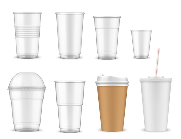 Plastic and paper cups mugs of takeaway drinks