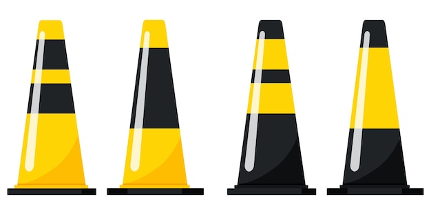 Insieme di plastica del cono di traffico stradale isolato su priorità bassa bianca. simbolo di avvertimento nero e giallo con adesivi a strisce riflettenti. illustrazione della raccolta dell'icona di design piatto vettoriale.
