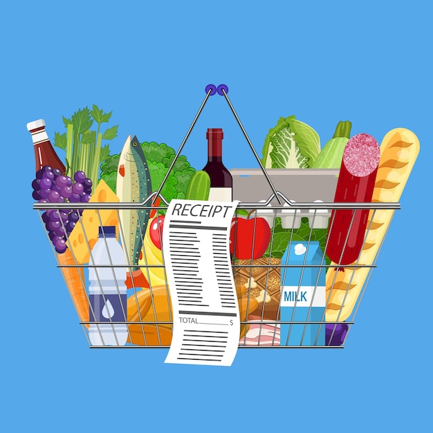 Plastic shopping basket full of groceries products