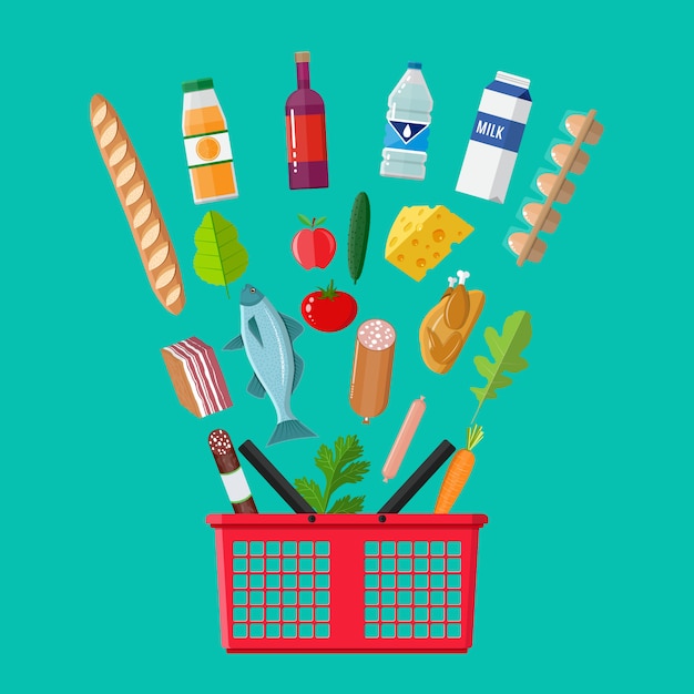 Plastic shopping basket full of groceries products