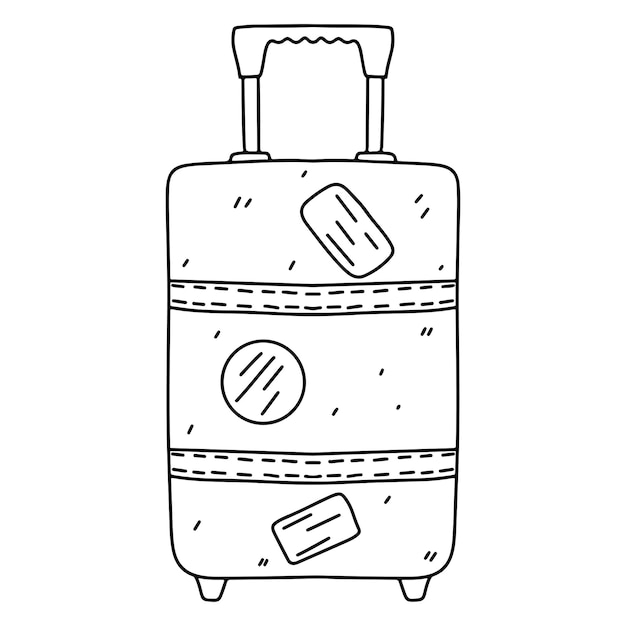 手には車輪が付いたプラスチック製のスーツケースが描かれた落書きスタイル 旅行者の荷物 ベクトル図