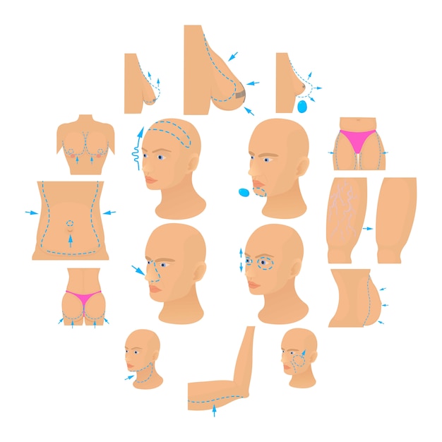 Plastic surgeon icons set body, cartoon style