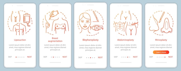 성형 수술 클리닉 서비스 온보딩 모바일 앱 페이지 화면 벡터 템플릿 유방 확대 실습 웹사이트 단계 선형 일러스트레이션 UX UI GUI 스마트폰 인터페이스 개념