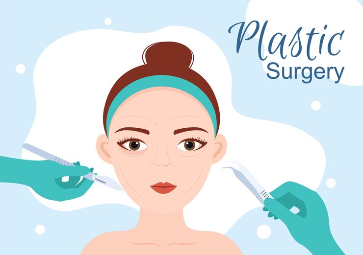 Vector plastic surgery flat cartoon illustration of medical surgical operation on the body or face