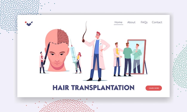 Plastic Surgery, Hair Loss Problem Landing Page Template. Tiny Doctor Characters around Huge Male Head Making Hair Transplantation, Satisfied Patient Look in Mirror. Cartoon People Vector Illustration