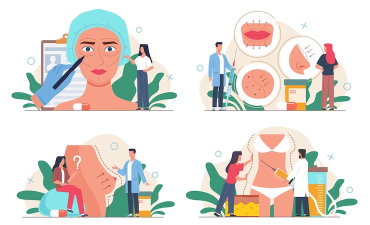Vector plastic surgery people human body redesign face and body improvement medical appearance defects correction beauty treatment and liposuction doctor and patient nowaday vector set