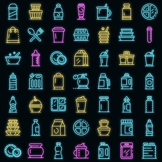 Plastic tableware icons set. outline set of plastic tableware vector icons neon color on black