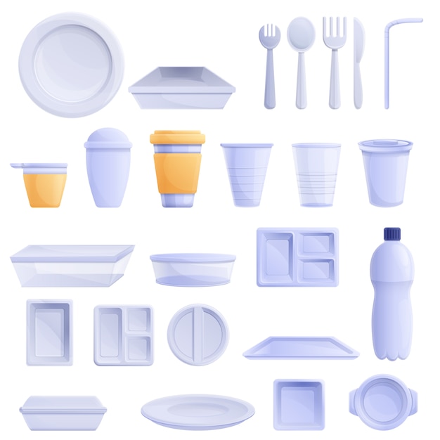 Вектор Набор пластиковой посуды в мультяшном стиле