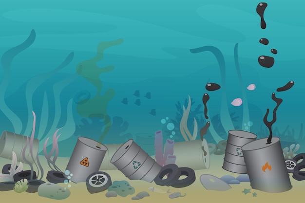 Vector plastic, tires and poisonous barrel pollution illustration trash under the sea