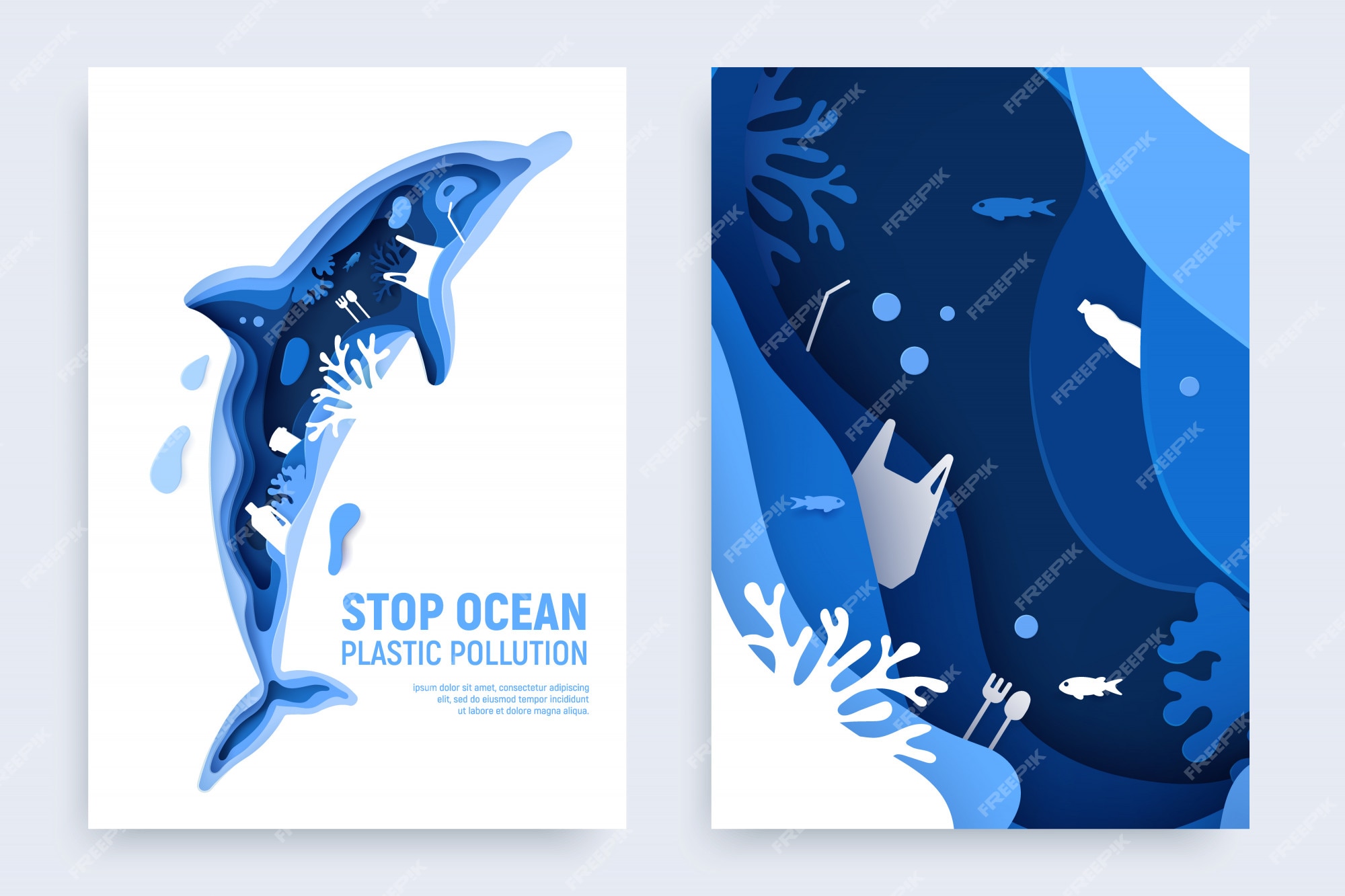 Plastic vervuiling van de oceaan ingesteld met dolfijn silhouet. papier dolfijn met plastic afval, vis, bubbels en geïsoleerd op een witte achtergrond. | Premium Vector