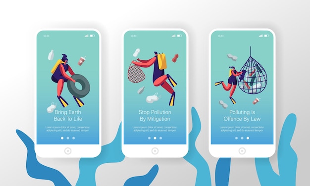 Plastic vervuiling van de zee met verschillende soorten afval mobiele app-pagina schermset aan boord.