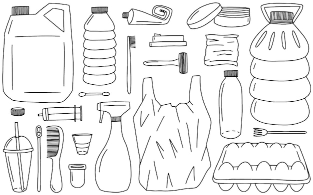 Plastic vervuilingselementen vector doodle set Plastic afval handgetekende set