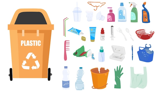 Plastic waste vector set plastic garbage vector set waste sorting concept plastic products flat