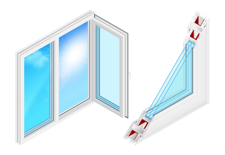 Vector plastic windows installation design concept with opened casement and cross section profile isometric colored elements isolated illustration