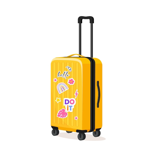 Plastic yellow suitcase with cute stickers isolated on white background