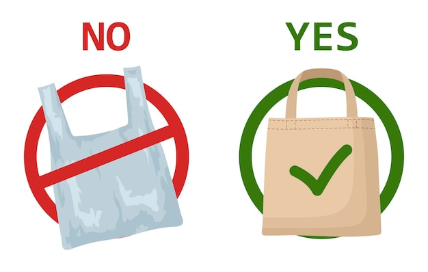 Plastic zak en eco-tas geïsoleerd. bewegwijzering waarin wordt opgeroepen het gebruik van wegwerpbare polyethyleenverpakking te stoppen.