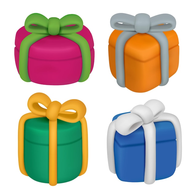 Scatole di plastilina contenitori regalo chiusi per la celebrazione di matrimoni o feste nastri colorati modelli di scatole realistiche vettoriali decenti illustrazione del design realistico del regalo di plastilina