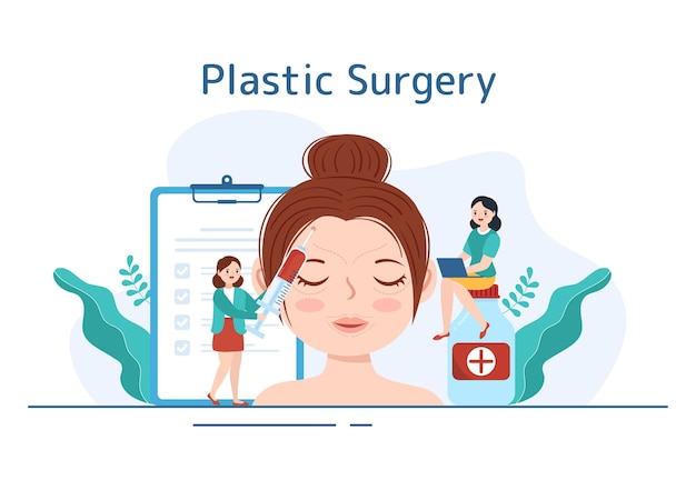 Plastische chirurgie platte Cartoon afbeelding van medische chirurgische ingreep op het lichaam of gezicht